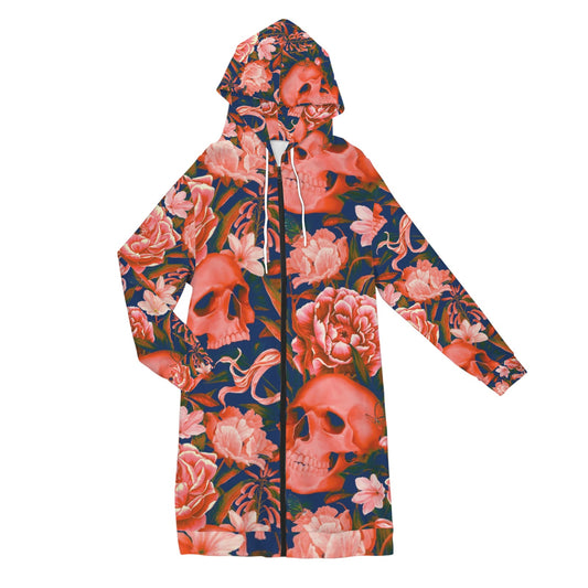 Skull flowers, zip up long hoodie